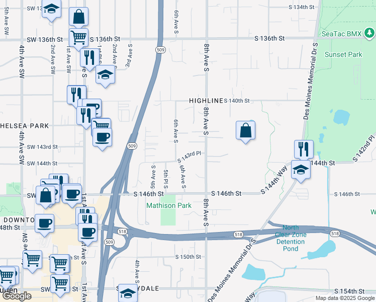 map of restaurants, bars, coffee shops, grocery stores, and more near 624 South 143rd Place in Burien