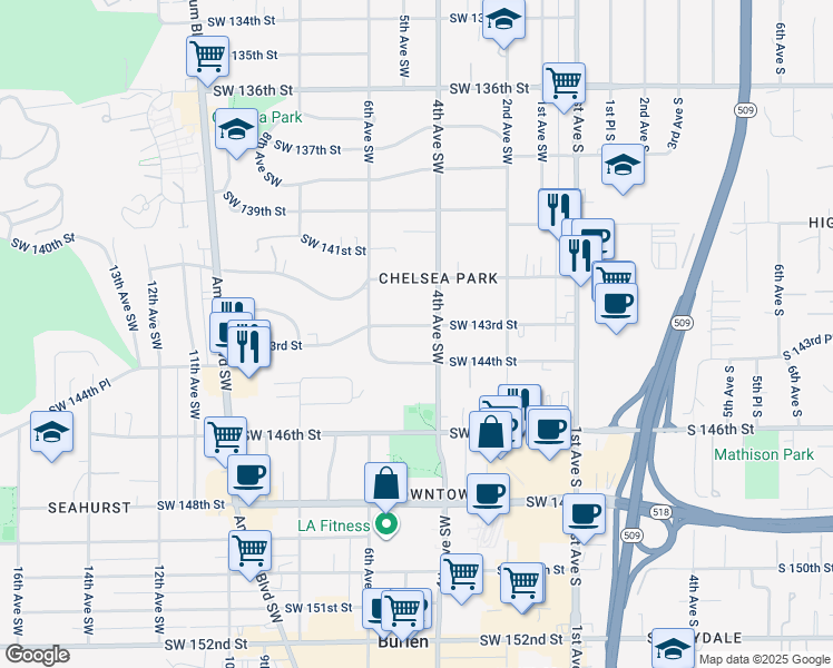 map of restaurants, bars, coffee shops, grocery stores, and more near 415 Southwest 143rd Street in Burien