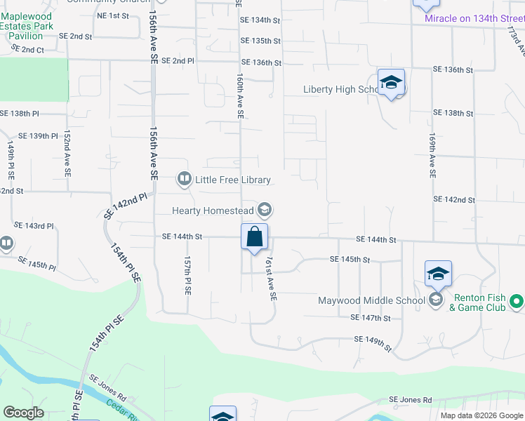 map of restaurants, bars, coffee shops, grocery stores, and more near 16027 Southeast 142nd Place in Renton