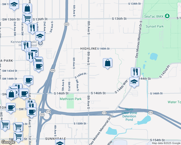 map of restaurants, bars, coffee shops, grocery stores, and more near 14233 8th Avenue South in Burien