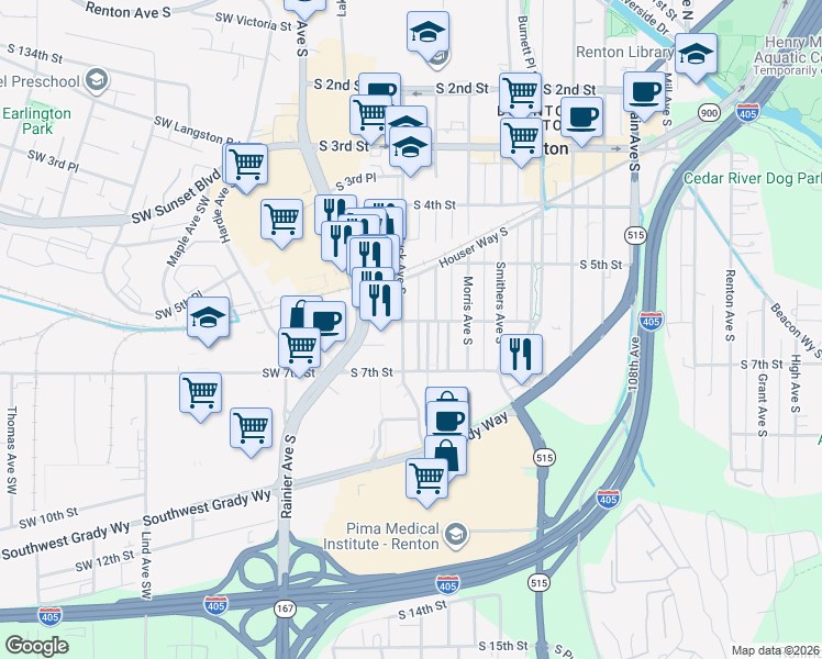 map of restaurants, bars, coffee shops, grocery stores, and more near 311 South 6th Street in Renton