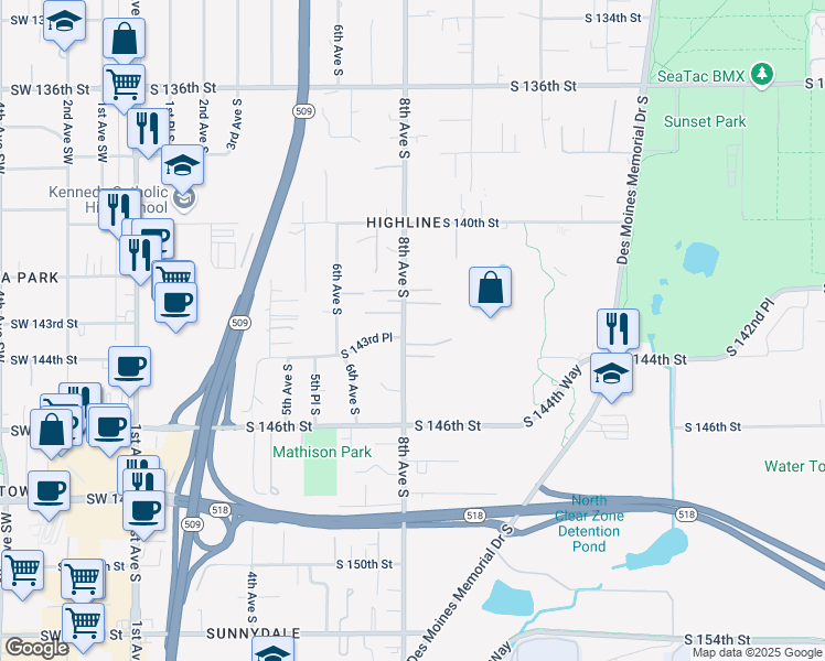 map of restaurants, bars, coffee shops, grocery stores, and more near 14233 8th Avenue South in Burien