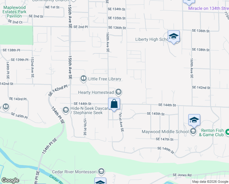 map of restaurants, bars, coffee shops, grocery stores, and more near 16027 Southeast 142nd Place in Renton
