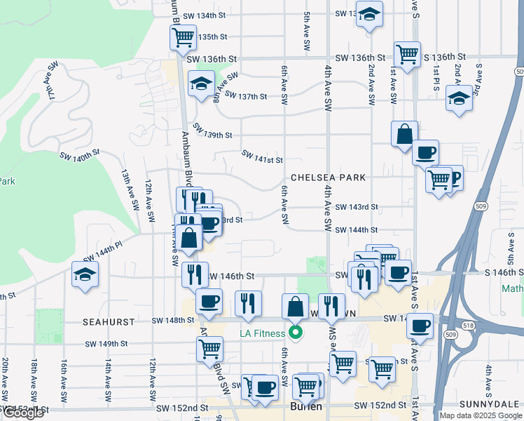 map of restaurants, bars, coffee shops, grocery stores, and more near 632 Southwest 143rd Street in Burien