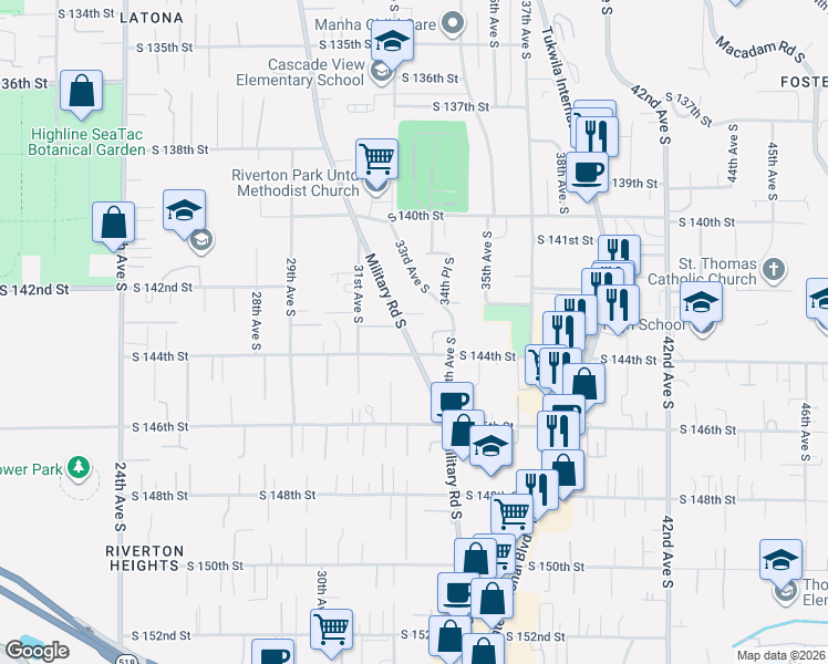 map of restaurants, bars, coffee shops, grocery stores, and more near 14226 Military Road South in Tukwila