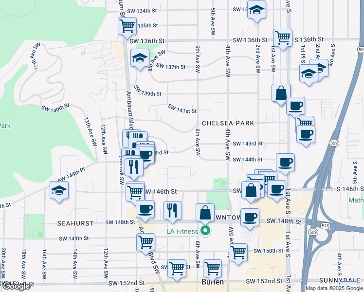 map of restaurants, bars, coffee shops, grocery stores, and more near 632 Southwest 143rd Street in Burien