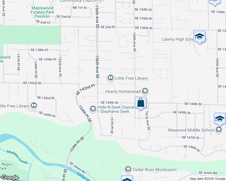 map of restaurants, bars, coffee shops, grocery stores, and more near 15718 Southeast 143rd Street in Renton