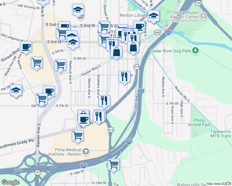 map of restaurants, bars, coffee shops, grocery stores, and more near 536 Williams Avenue South in Renton