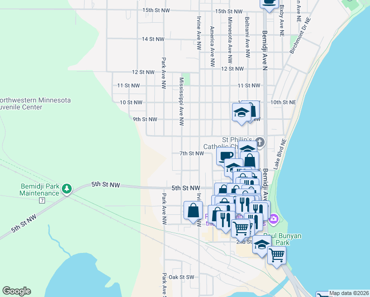 map of restaurants, bars, coffee shops, grocery stores, and more near 704 Mississippi Avenue Northwest in Bemidji