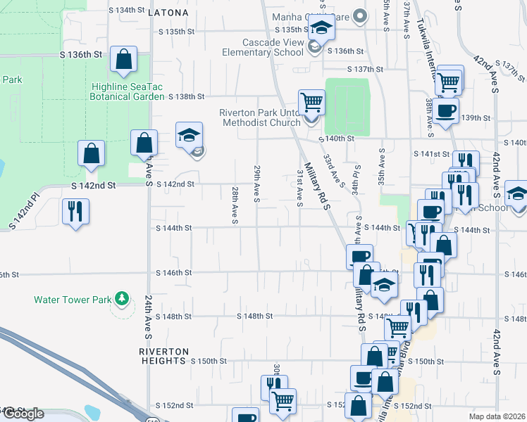 map of restaurants, bars, coffee shops, grocery stores, and more near 14230 29th Avenue South in SeaTac