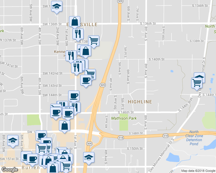 map of restaurants, bars, coffee shops, grocery stores, and more near 14227 4th Avenue South in Burien