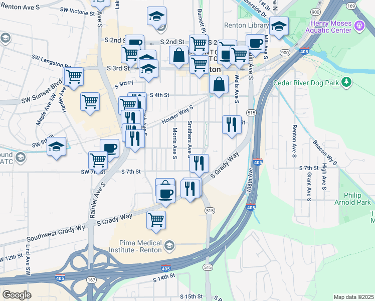 map of restaurants, bars, coffee shops, grocery stores, and more near 603 South 6th Street in Renton