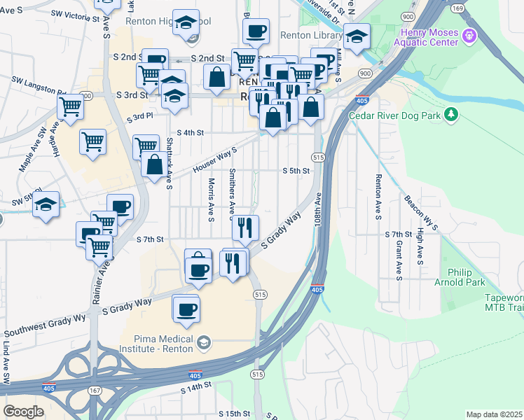 map of restaurants, bars, coffee shops, grocery stores, and more near 602 Burnett Avenue South in Renton