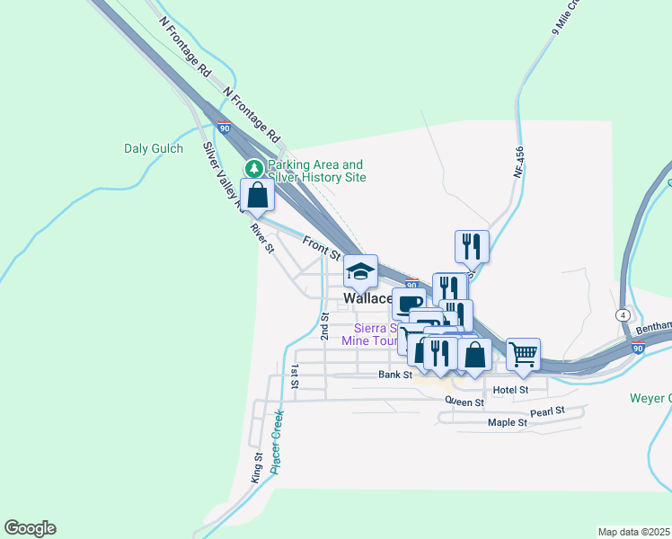 map of restaurants, bars, coffee shops, grocery stores, and more near 217 Cypress Avenue in Wallace