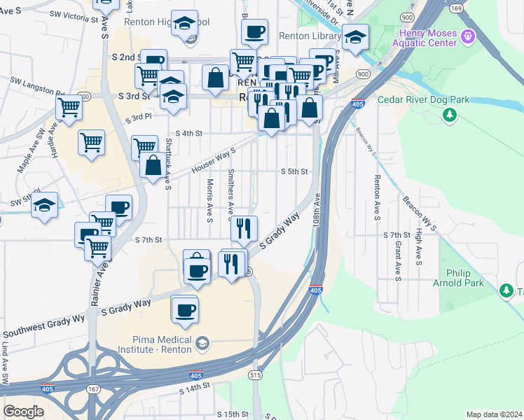map of restaurants, bars, coffee shops, grocery stores, and more near 602 Burnett Avenue South in Renton