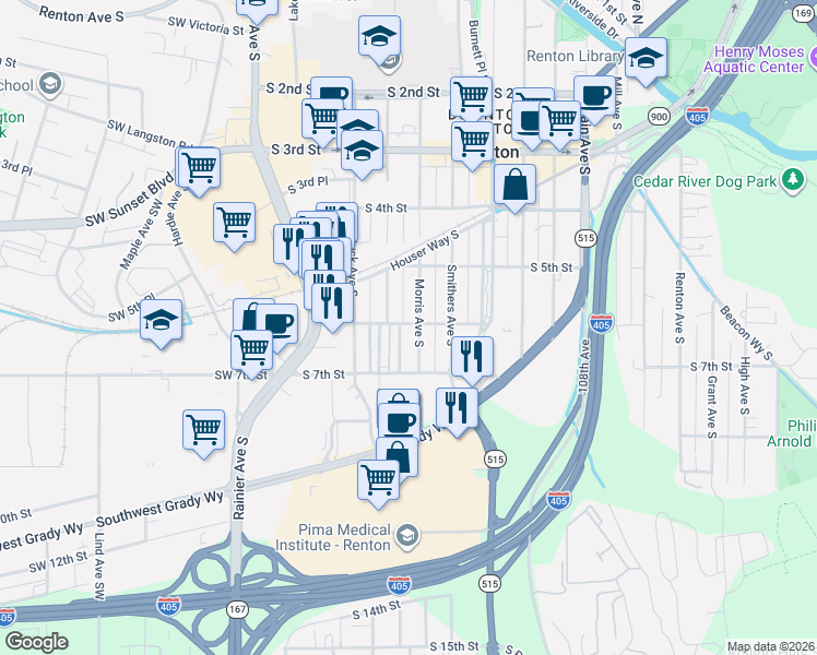 map of restaurants, bars, coffee shops, grocery stores, and more near 605 Morris Avenue South in Renton
