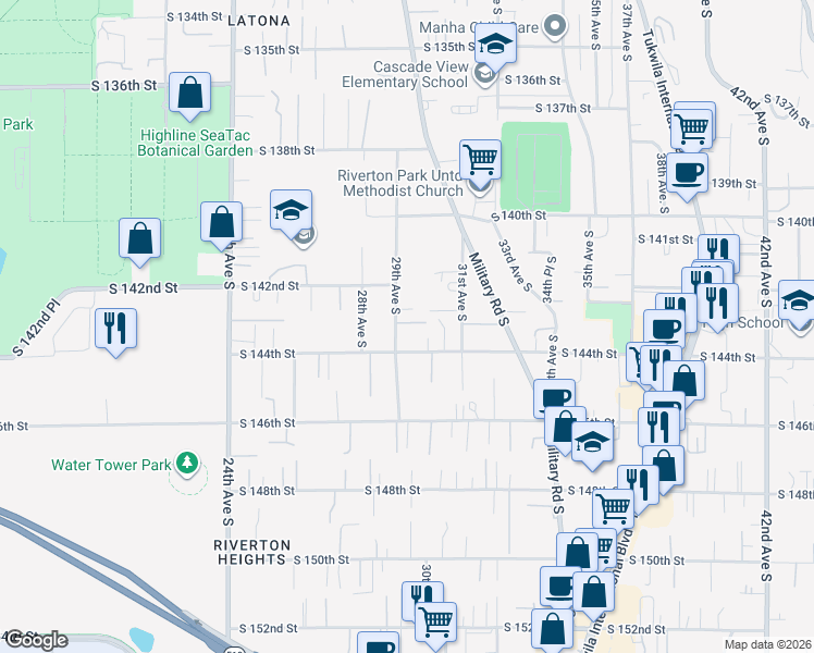map of restaurants, bars, coffee shops, grocery stores, and more near 14230 29th Avenue South in SeaTac
