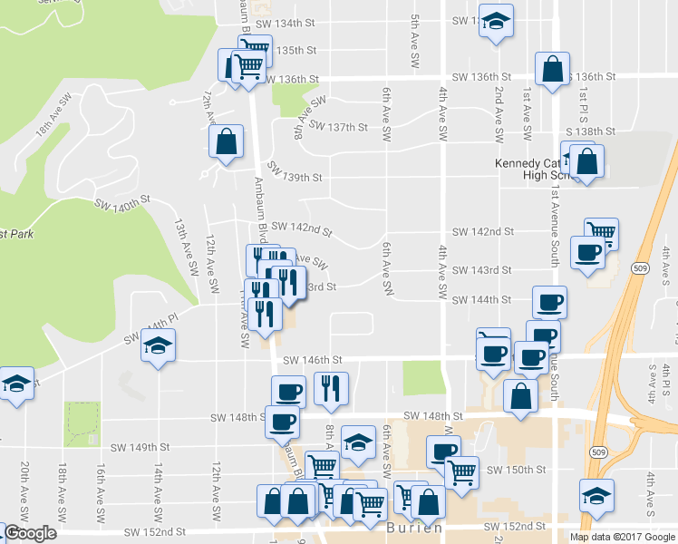 map of restaurants, bars, coffee shops, grocery stores, and more near 14246 8th Avenue Southwest in Burien