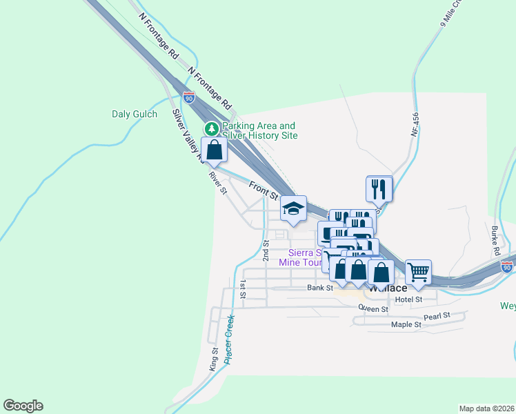 map of restaurants, bars, coffee shops, grocery stores, and more near 121 Cypress Avenue in Wallace