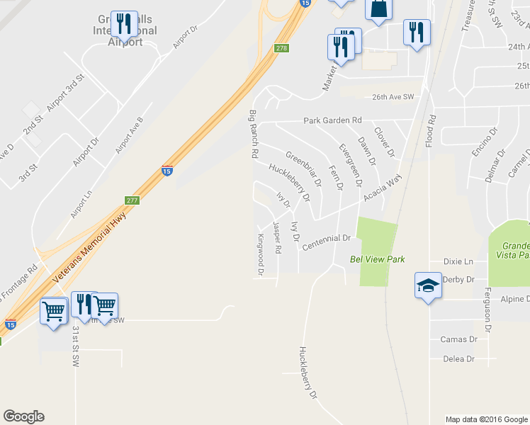 map of restaurants, bars, coffee shops, grocery stores, and more near 2708 Jasper Road in Great Falls