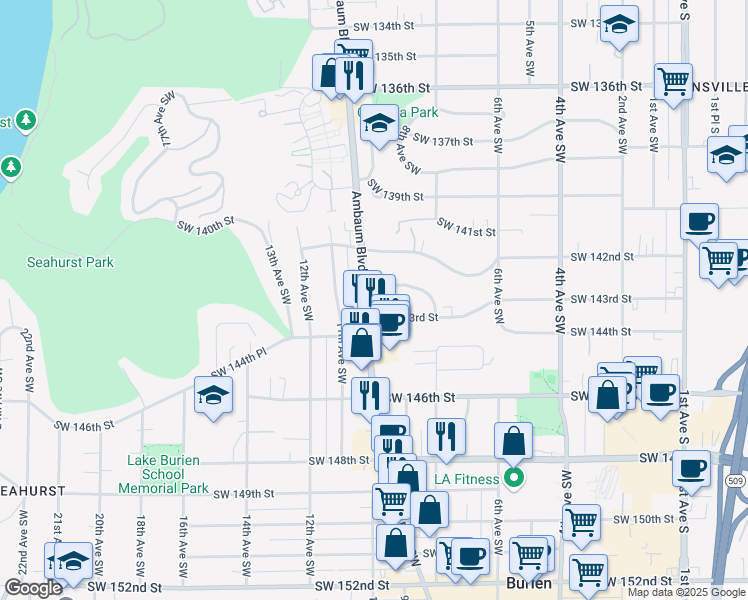 map of restaurants, bars, coffee shops, grocery stores, and more near 14242 Ambaum Boulevard Southwest in Burien
