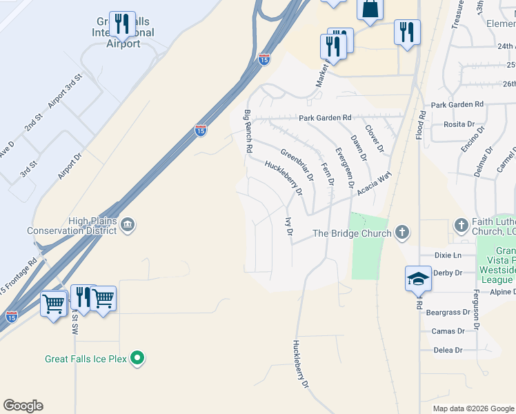 map of restaurants, bars, coffee shops, grocery stores, and more near 2708 Jasper Road in Great Falls