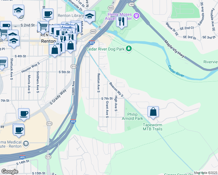map of restaurants, bars, coffee shops, grocery stores, and more near 600 Grant Avenue South in Renton