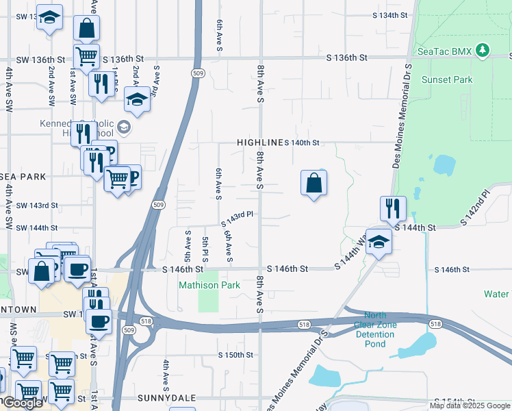 map of restaurants, bars, coffee shops, grocery stores, and more near 14233 8th Avenue South in Burien