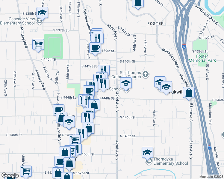 map of restaurants, bars, coffee shops, grocery stores, and more near 14225 42nd Avenue South in Tukwila