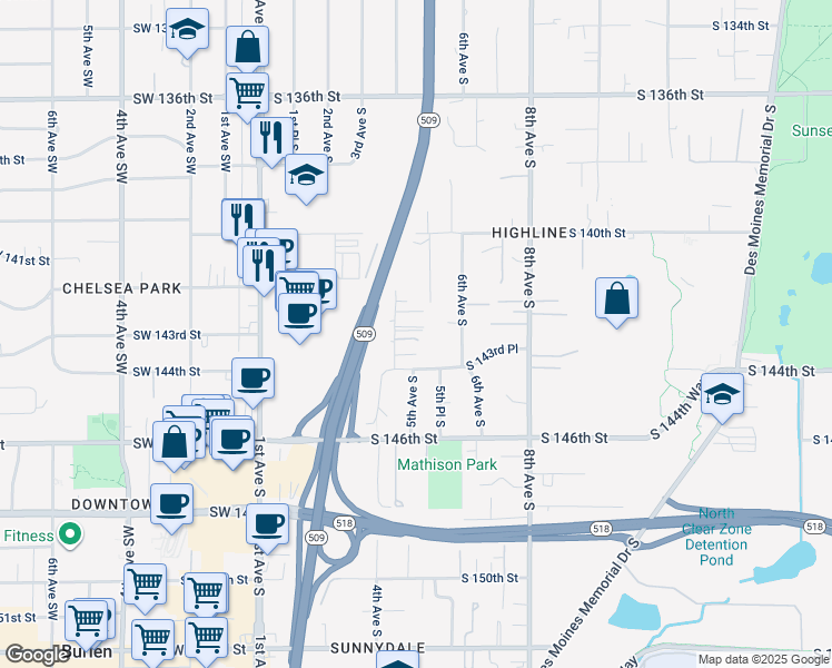 map of restaurants, bars, coffee shops, grocery stores, and more near 14224 4th Avenue South in Burien