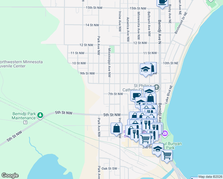 map of restaurants, bars, coffee shops, grocery stores, and more near 704 Mississippi Avenue Northwest in Bemidji