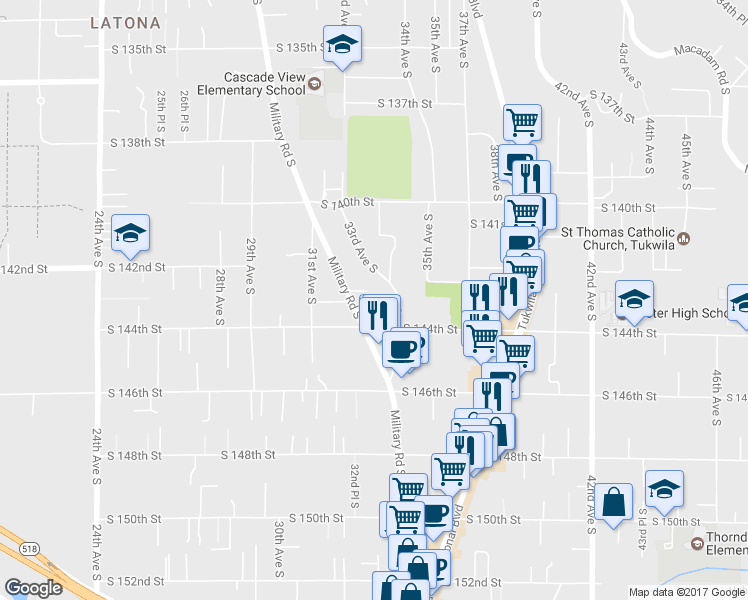 map of restaurants, bars, coffee shops, grocery stores, and more near 3219 South 142nd Place in Tukwila