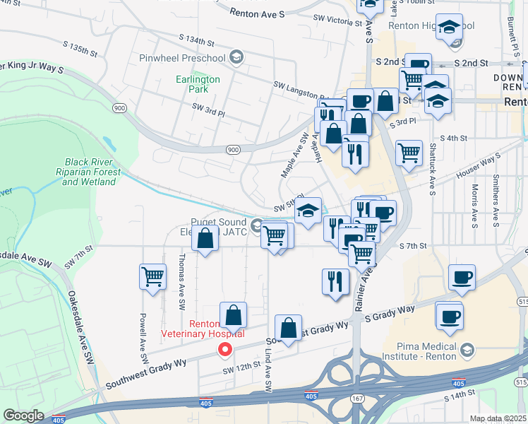 map of restaurants, bars, coffee shops, grocery stores, and more near 415 Southwest 5th Place in Renton