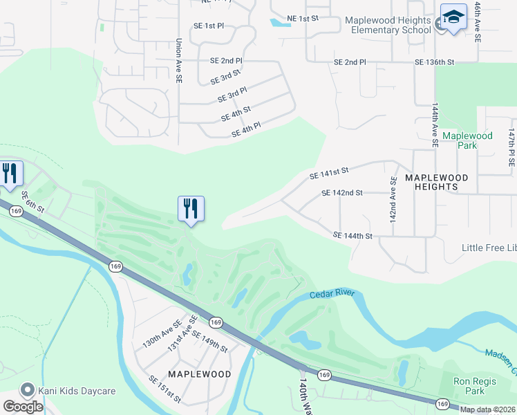 map of restaurants, bars, coffee shops, grocery stores, and more near 13601 Southeast 141st Street in Renton