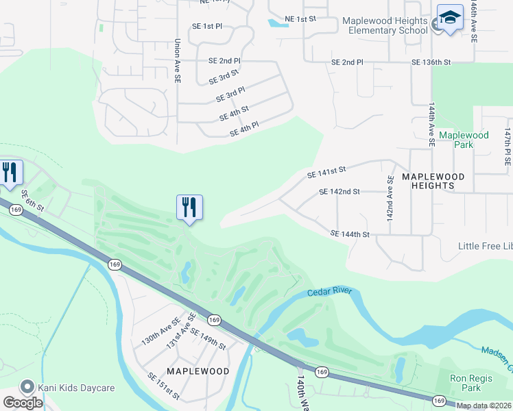 map of restaurants, bars, coffee shops, grocery stores, and more near 13601 Southeast 141st Street in Renton