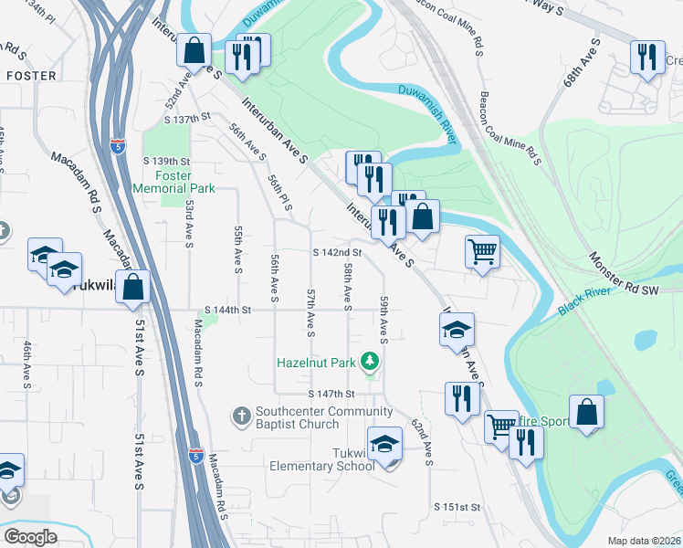 map of restaurants, bars, coffee shops, grocery stores, and more near 14230 58th Avenue South in Tukwila