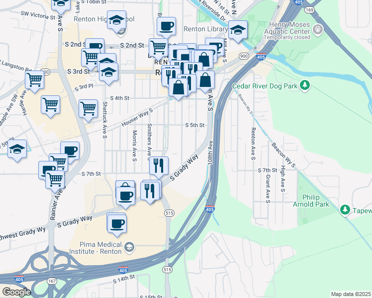 map of restaurants, bars, coffee shops, grocery stores, and more near 536 Williams Avenue South in Renton