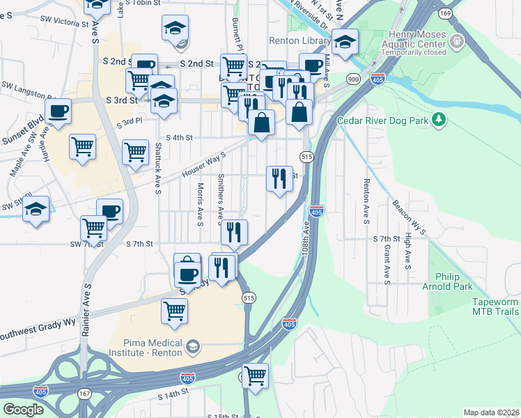 map of restaurants, bars, coffee shops, grocery stores, and more near 536 Williams Avenue South in Renton
