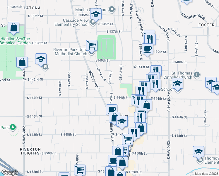 map of restaurants, bars, coffee shops, grocery stores, and more near 14211 34th Avenue South in Tukwila
