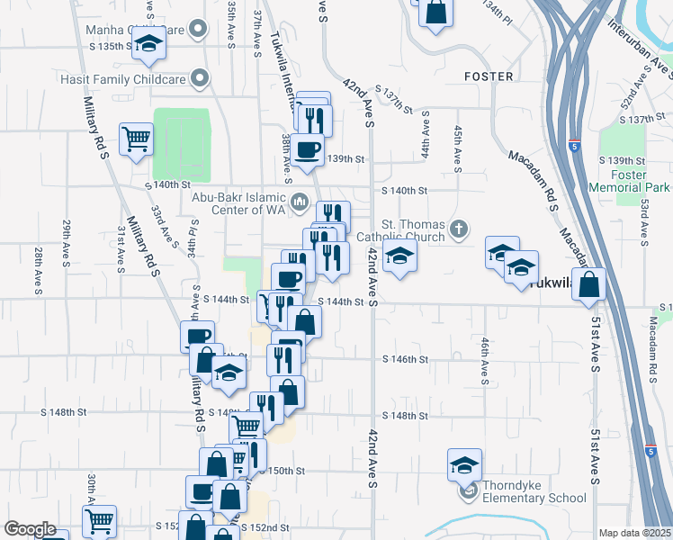 map of restaurants, bars, coffee shops, grocery stores, and more near 14223 41st Avenue South in Tukwila