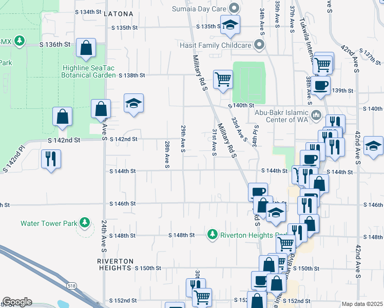 map of restaurants, bars, coffee shops, grocery stores, and more near 14230 29th Avenue South in SeaTac