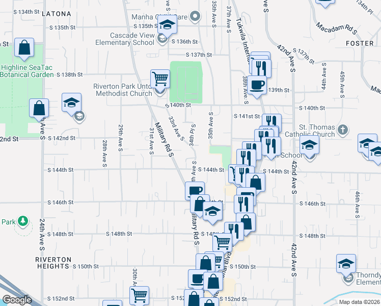 map of restaurants, bars, coffee shops, grocery stores, and more near 14211 34th Avenue South in Tukwila