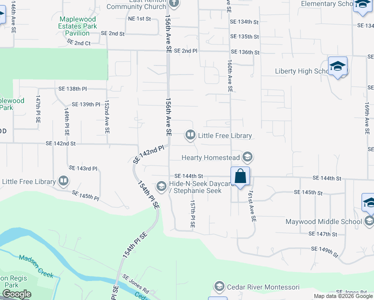 map of restaurants, bars, coffee shops, grocery stores, and more near 15718 Southeast 143rd Street in Renton