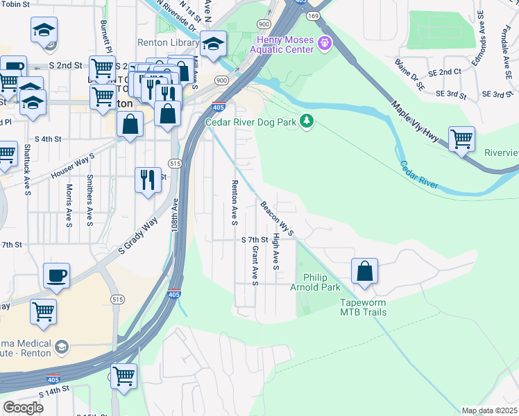 map of restaurants, bars, coffee shops, grocery stores, and more near 600 Grant Avenue South in Renton