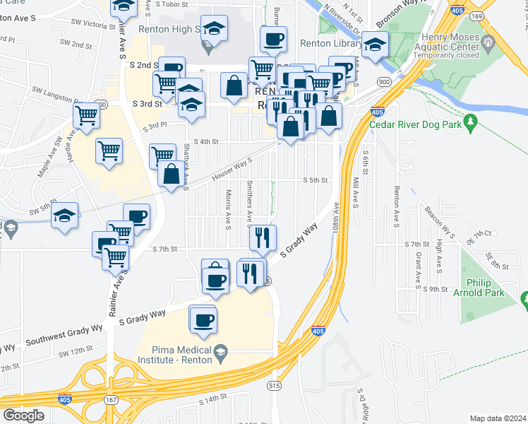 map of restaurants, bars, coffee shops, grocery stores, and more near 602 Burnett Avenue South in Renton