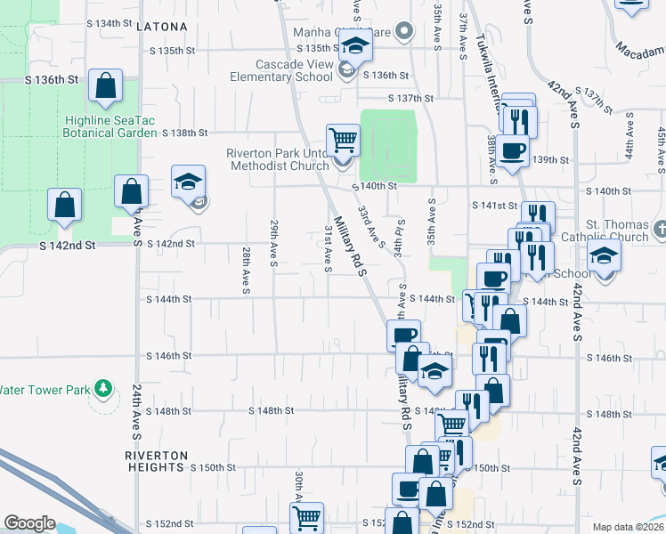 map of restaurants, bars, coffee shops, grocery stores, and more near 14230 31st Avenue South in SeaTac