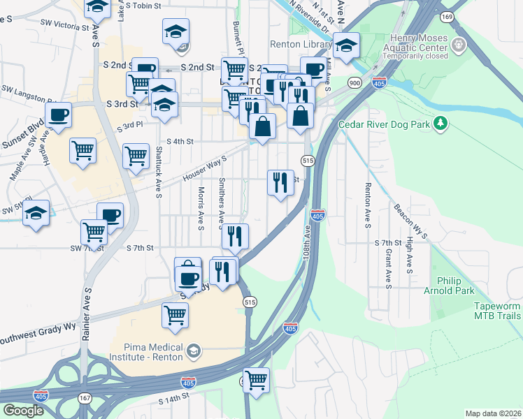 map of restaurants, bars, coffee shops, grocery stores, and more near 536 Williams Avenue South in Renton
