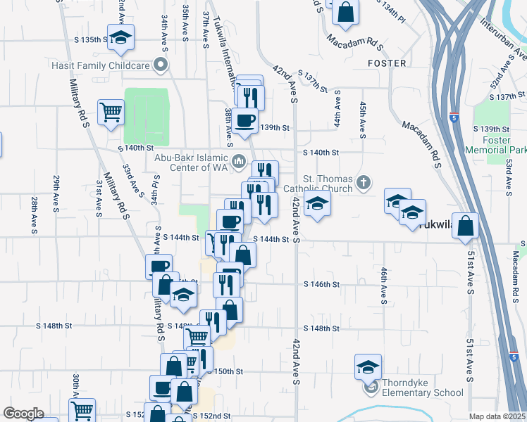 map of restaurants, bars, coffee shops, grocery stores, and more near 14223 41st Avenue South in Tukwila