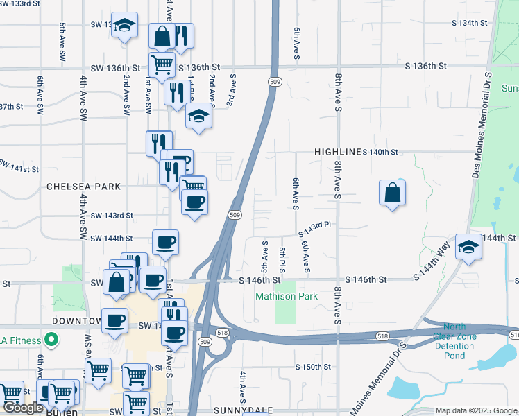 map of restaurants, bars, coffee shops, grocery stores, and more near 14224 4th Avenue South in Burien