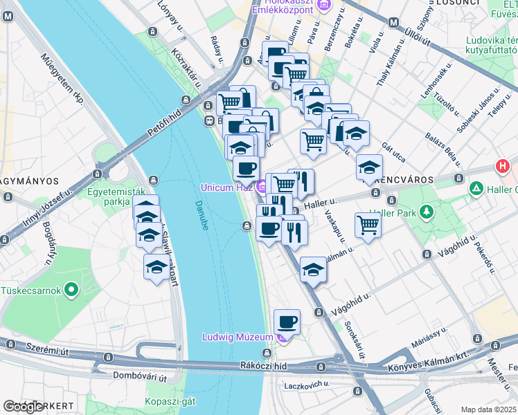 map of restaurants, bars, coffee shops, grocery stores, and more near in Budapest